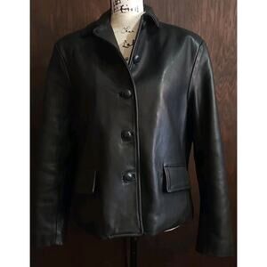 Trucker Black Womens M Leather Blazer Jacket Quilted satin lined vintage buttery